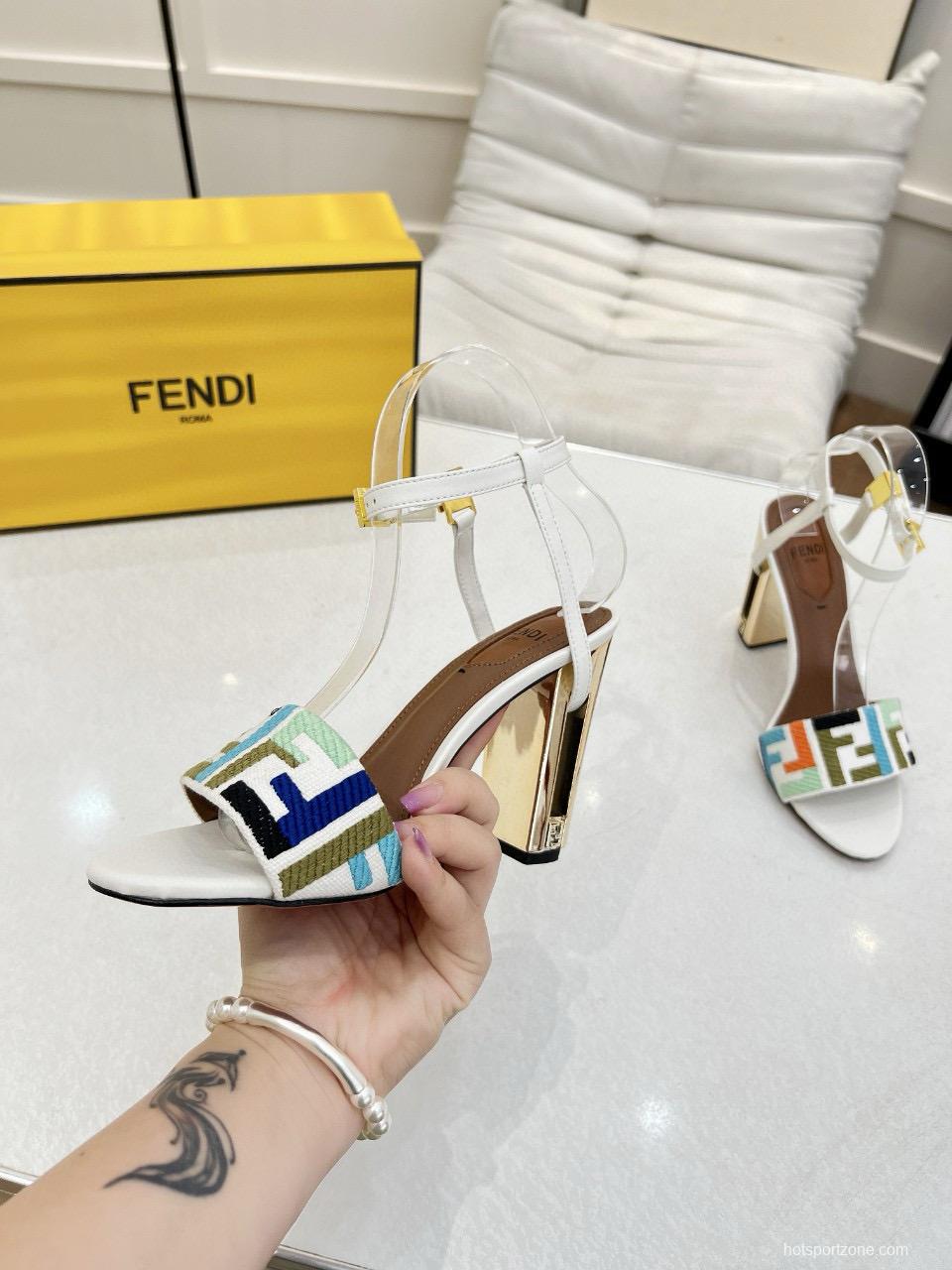 2025 Women Fendi White Blue Orange Fabric Leather High Heel Sandals MJ00280