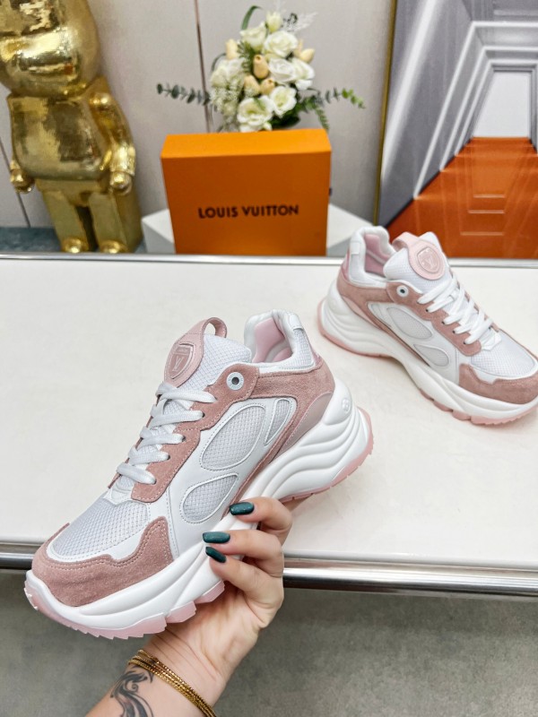 2025 Women Louis Vuitton White Pink Suede Mesh Sneakers LY00340