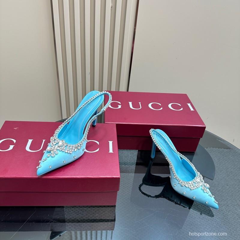 2025 Women Gucci Blue Silk Crystal Embellished Slingback High Heel KFY00340