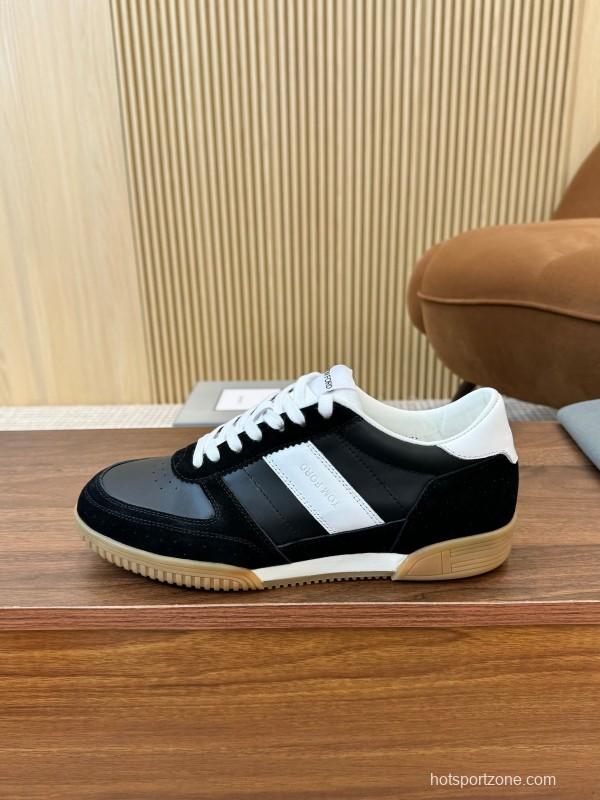 2025 Unisex TOM FORD Black White Leather Suede Sneakers Classic Contrasting LY00360