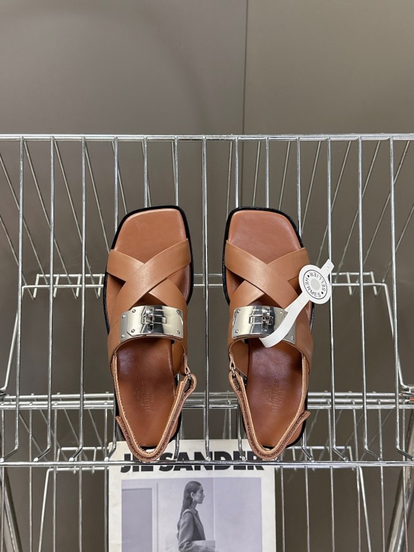 2025 Women Hermès Brown White Calfskin Leather Sandals Metal Hardware KFY00300