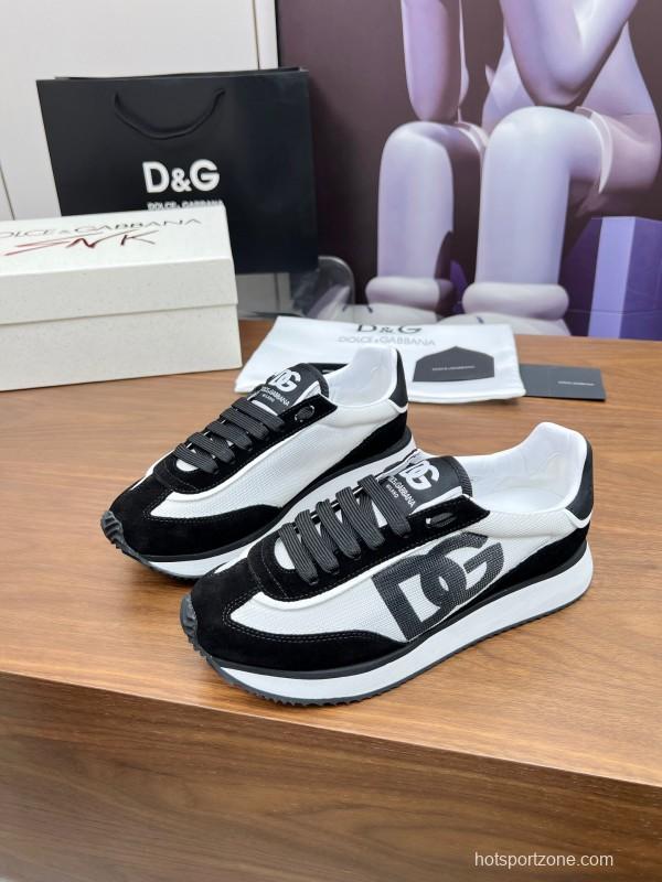 2025 Unisex Dolce & Gabbana Black White Mesh Suede Sneakers LY00300