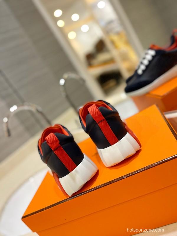 2024 Unisex Hermès Navy Red White Imported Glazed Calf Suede Rain Velvet Sneakers MJ00320