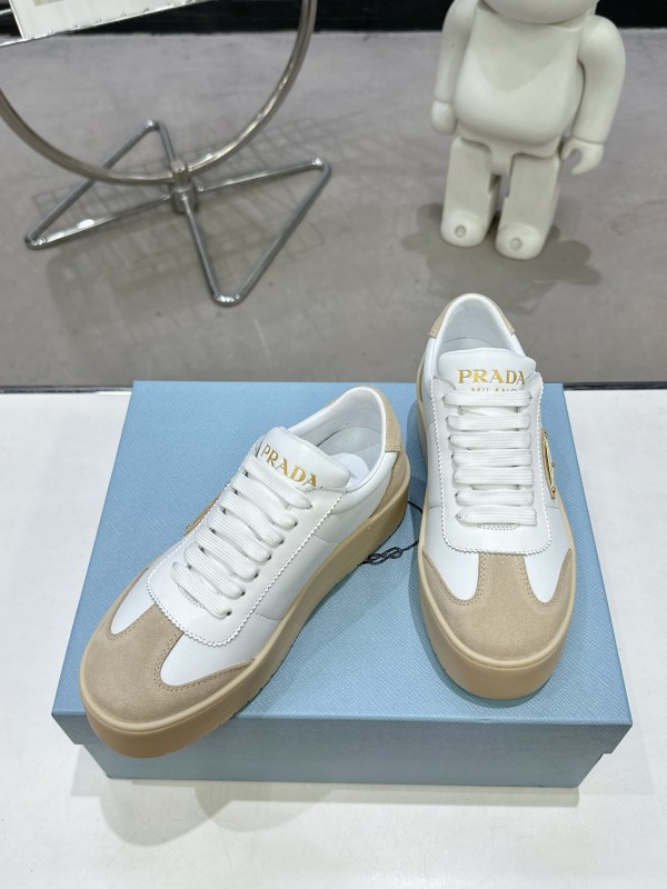 2025 Women Prada White Beige Leather Suede Sneakers