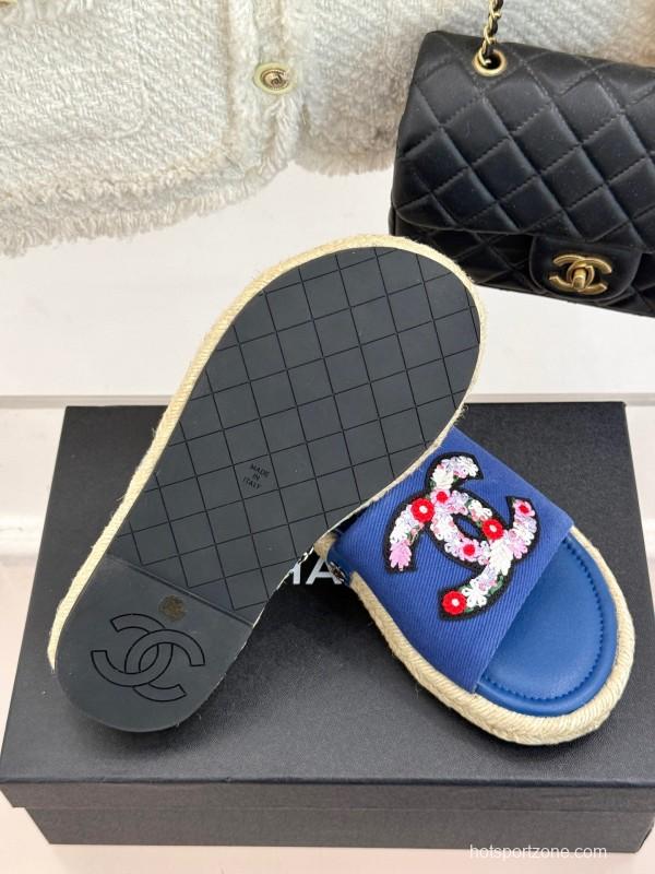 2025 CHANEL Blue Canvas Slippers Embroidered KFY00230