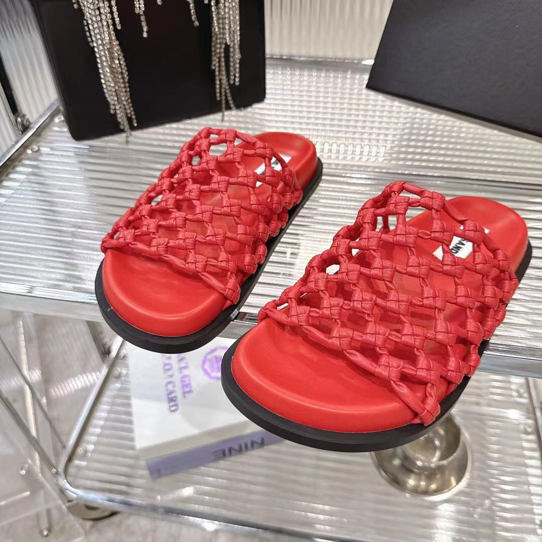 2025 Jil Sander Red Leather Woven Slippers