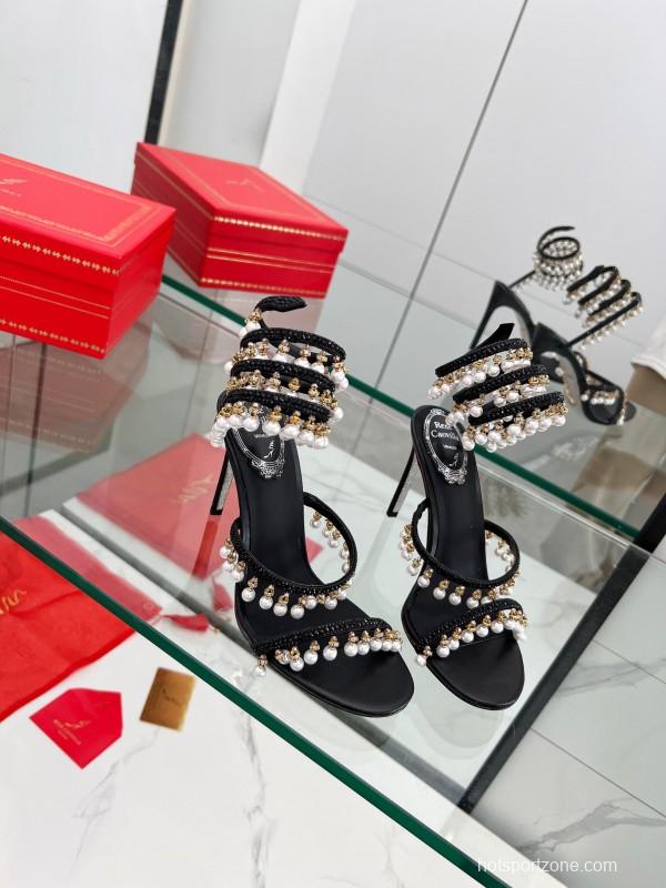 2025 Women RC Black Silk Crystal Pearl High Heel Sandals LY00360