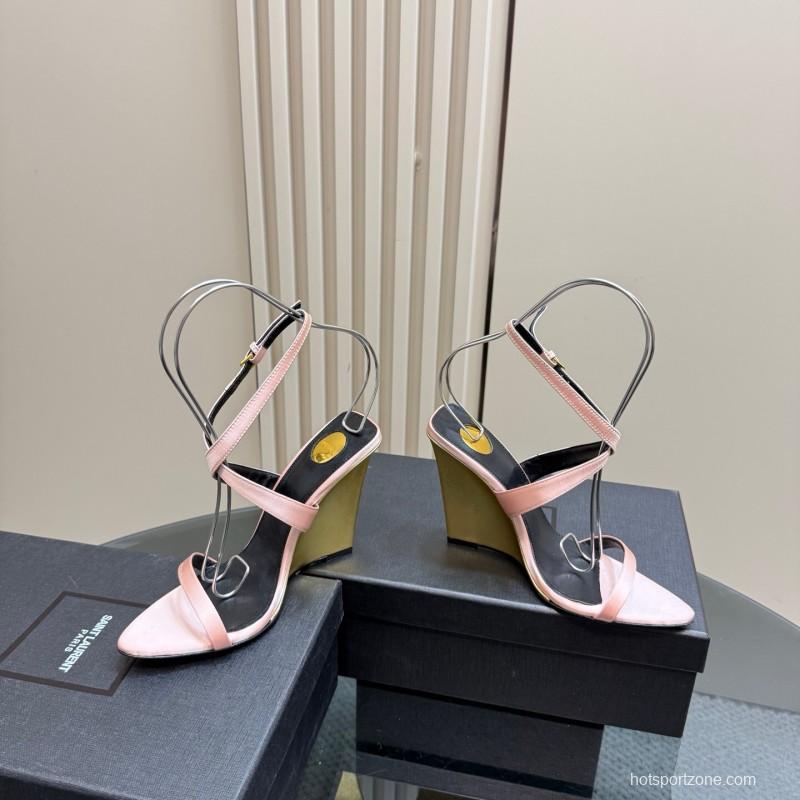 2025 Women Yves Saint Laurent Pink And Olive Silk Wedge Sandals Elegant Design KFY00290(F)