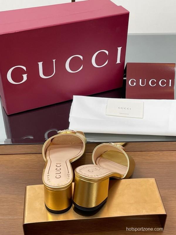 2025 Women Gucci Gold Leather Mules Block Heel