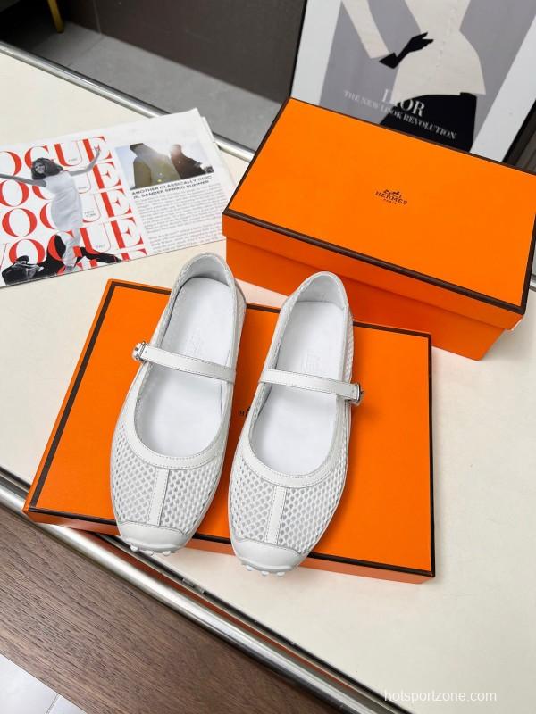 2025 Women Hermès White Leather Mesh Mary Jane LY00230