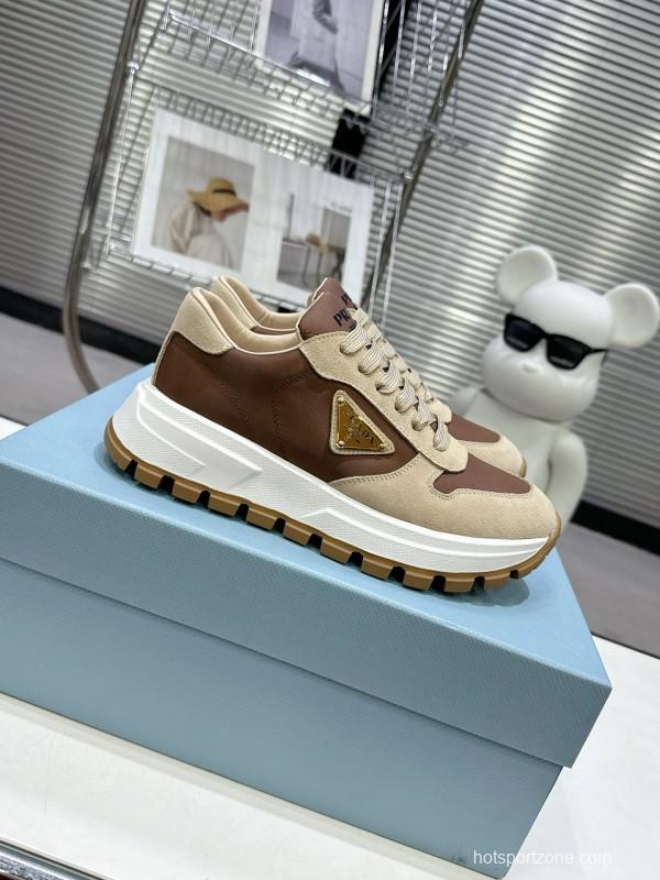 2025 Women Prada Beige Brown Leather Sneakers KFY00310