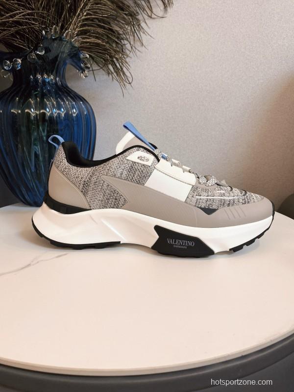 2024 Unisex Valentino White Grey Blue Fabric Leather Sneakers MJ00340