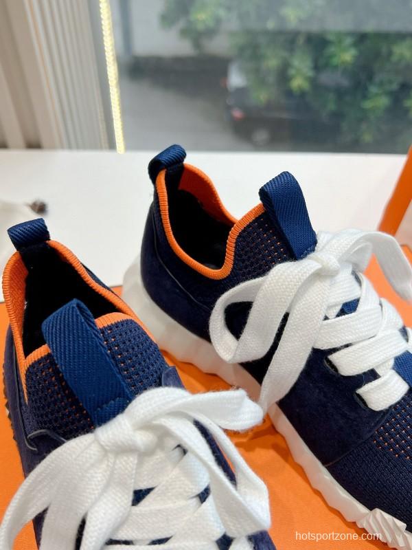 2024 Unisex Hermès Navy Brown Calfskin Suede Knit Sneakers MJ00290