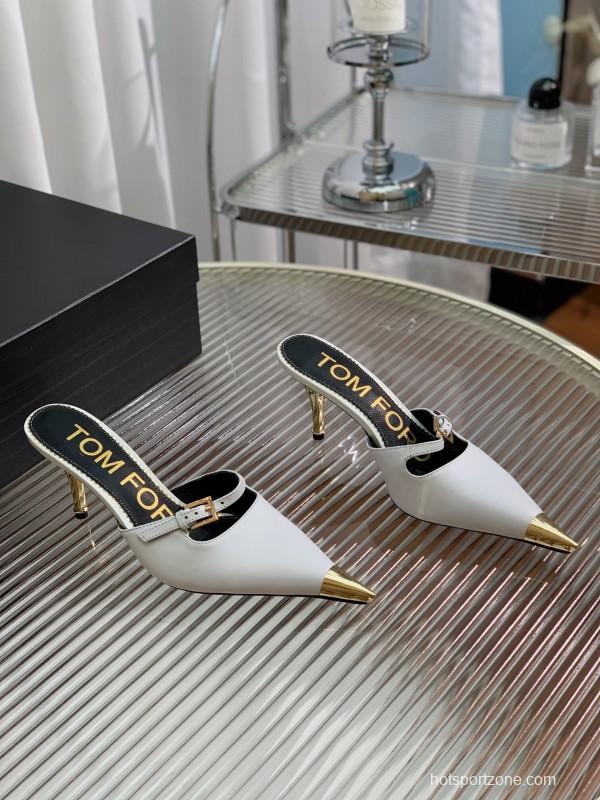 2025 Women TOM FORD White Gold Leather Pointed Toe Mules
