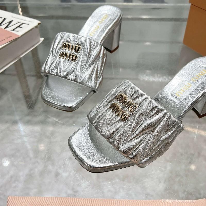 2025 Women Miu Miu Silver Leather High Heel Sandals