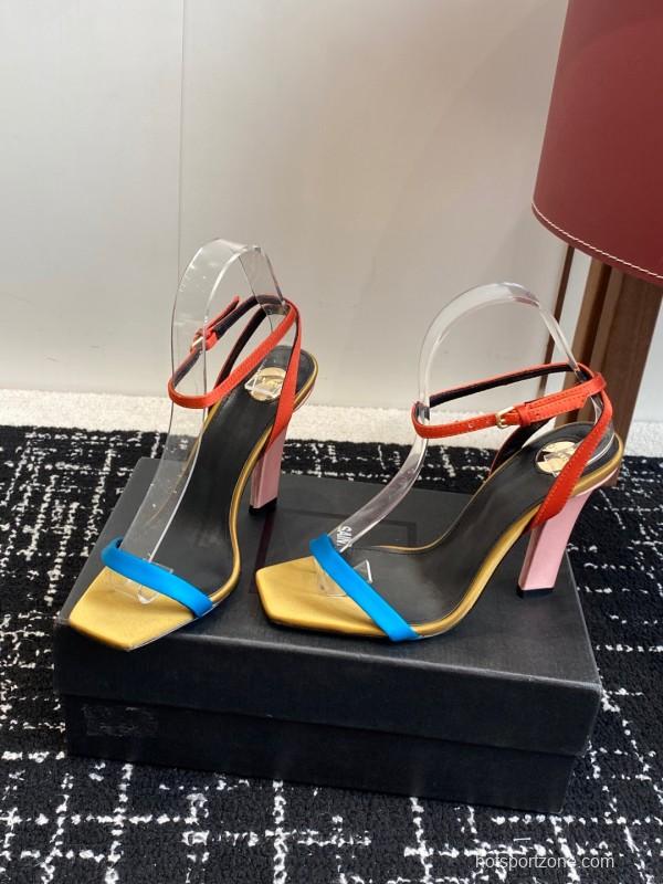 2025 Women Yves Saint Laurent Orange Black Blue Leather High Heel Sandals