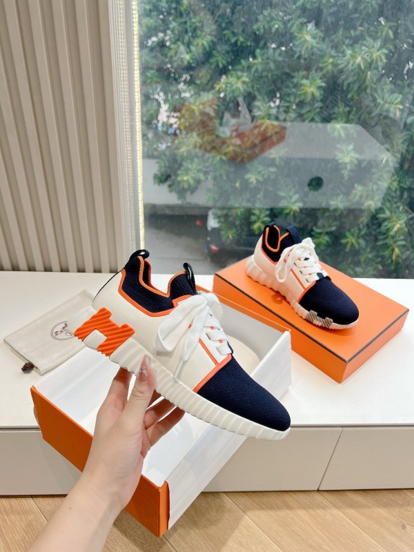 2024 Unisex Hermès 爱H Navy Orange Knit Leather Sneakers 