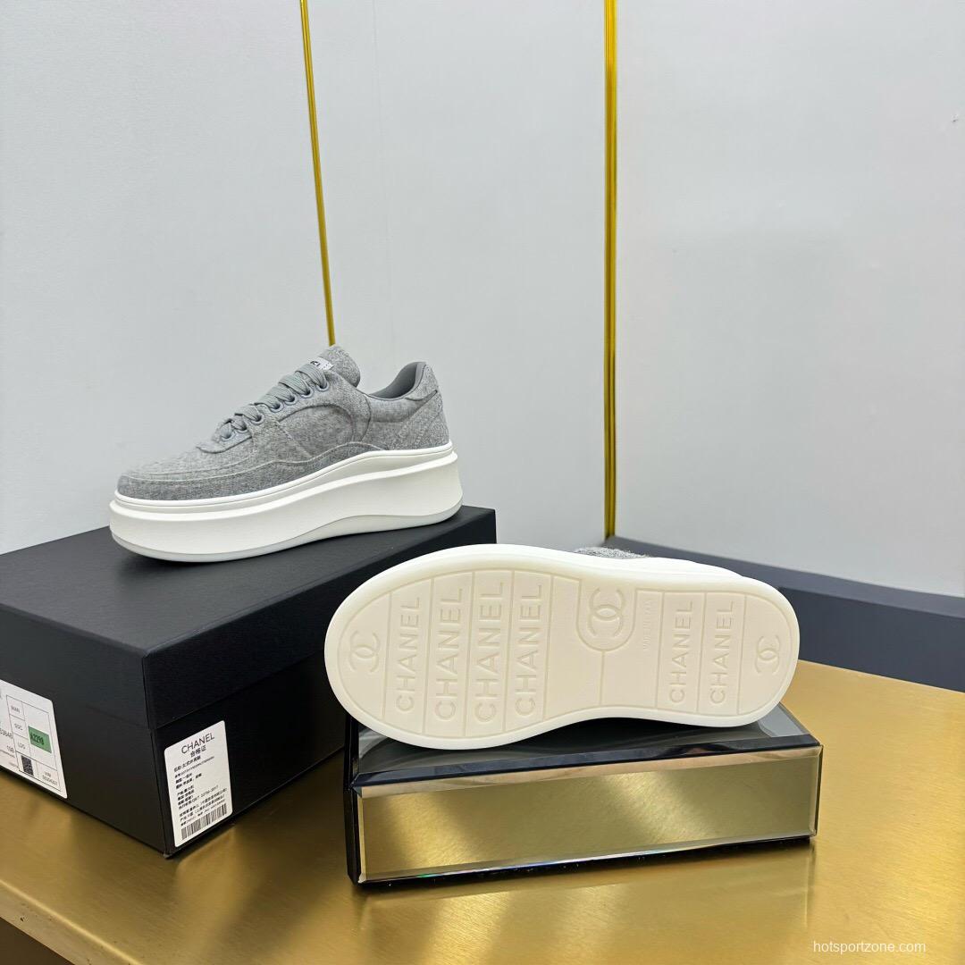 2025 Women Chanel Grey Wool Platform Sneakers