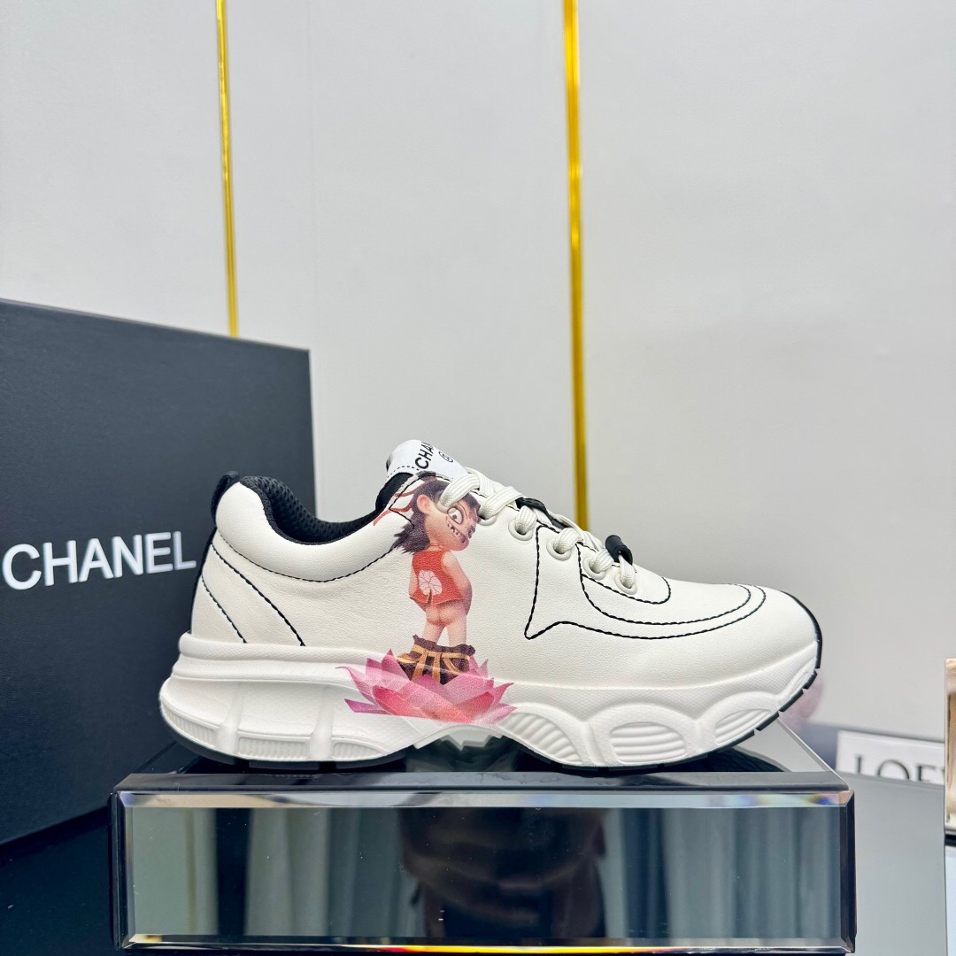 2025 Women Chanel White Leather Sneakers Nezha Pattern