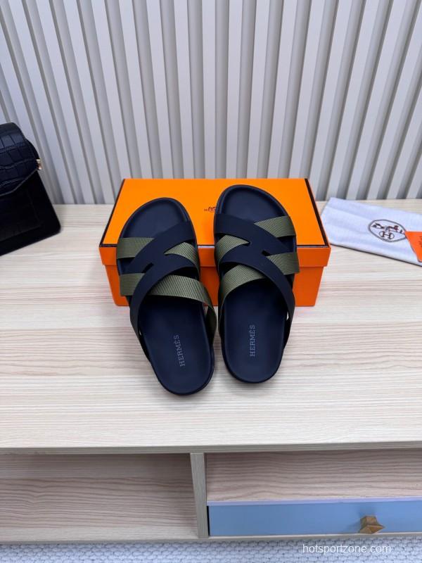 2025 Men Hermès Black Green Fabric Leather Slippers