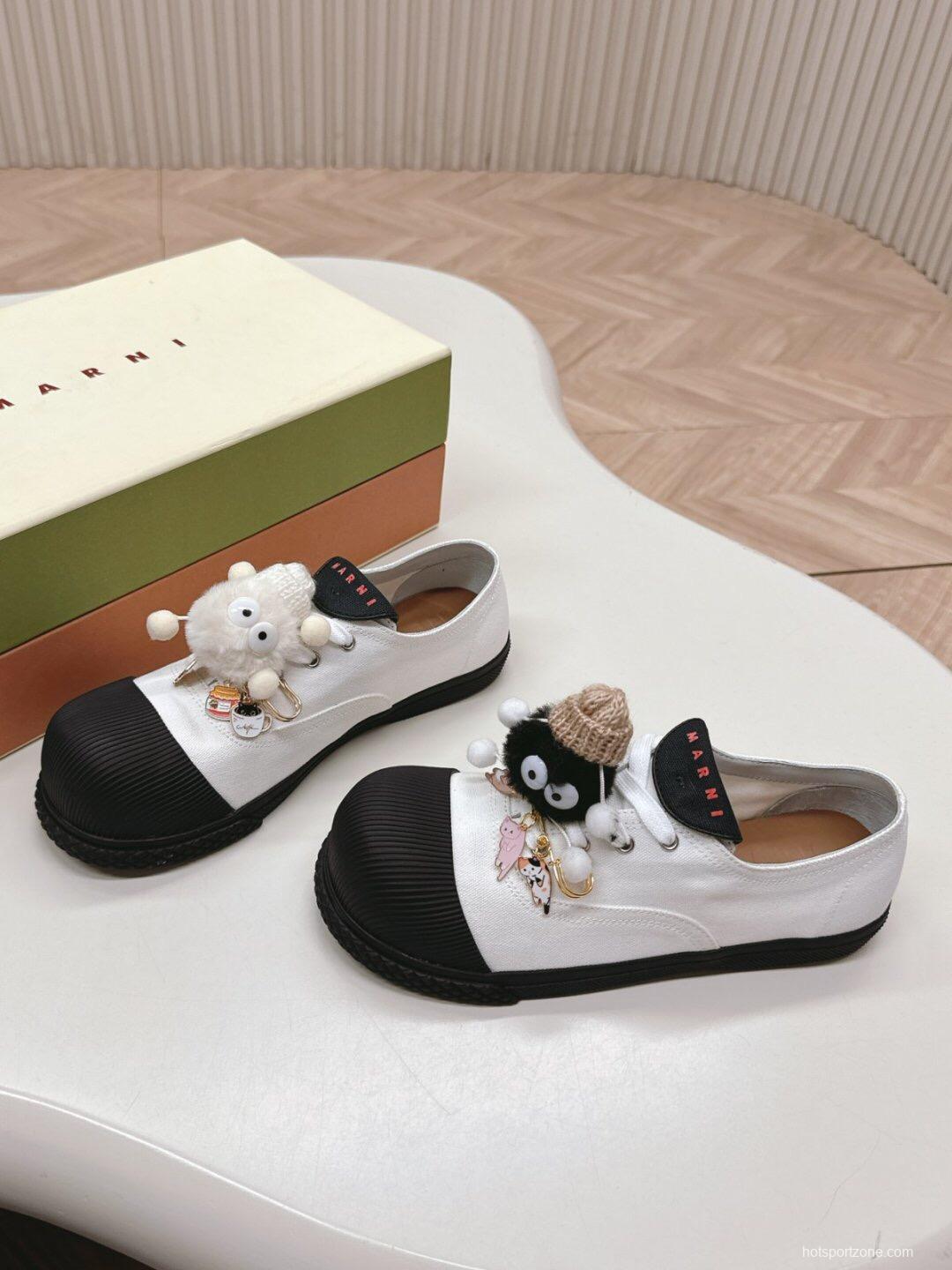 2025 Women Marni White Black Leather Casual Sneakers LY00250F