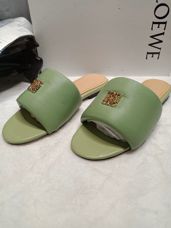 2025 Women Loewe Green Leather Slippers