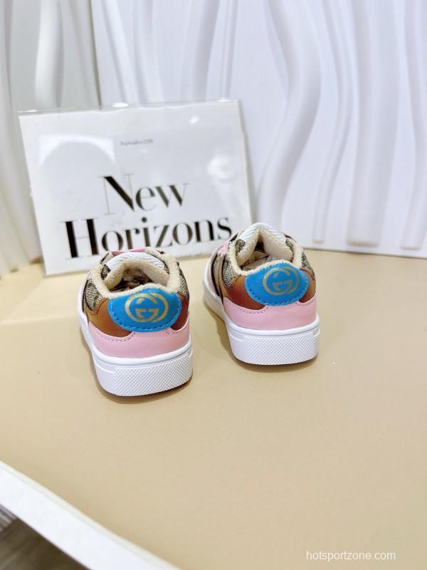 2024 Kids Gucci Pink Beige Canvas Leather Sneakers