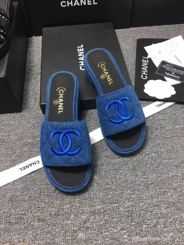 2025 Women Chanel Blue Fabric Slippers LY00000