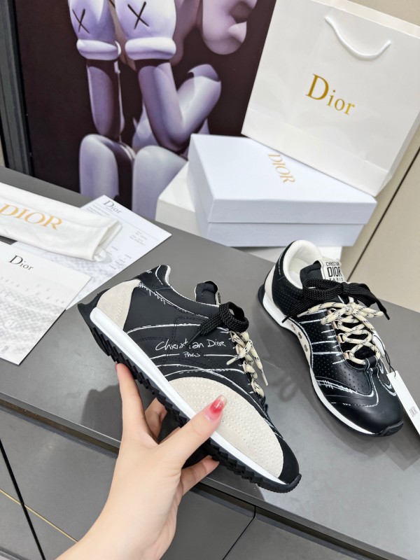 2025 Women Dior Black White Leather Sneakers Handwritten Logo KFY00290
