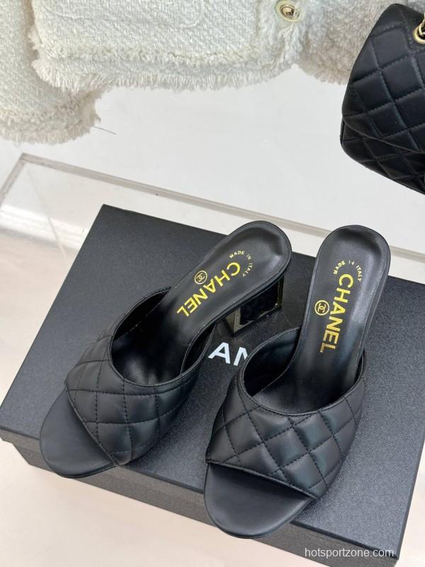 2025 Women Chanel Black Sheepskin Quilted High Heel Sandals