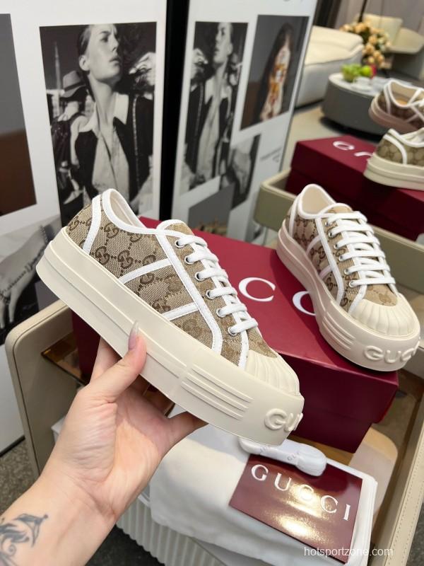2025 Women Gucci Beige Brown Canvas Platform Sneakers LY00270