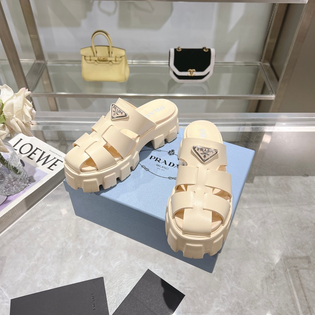 2025 Women Prada Beige Leather Platform Sandals LY00250