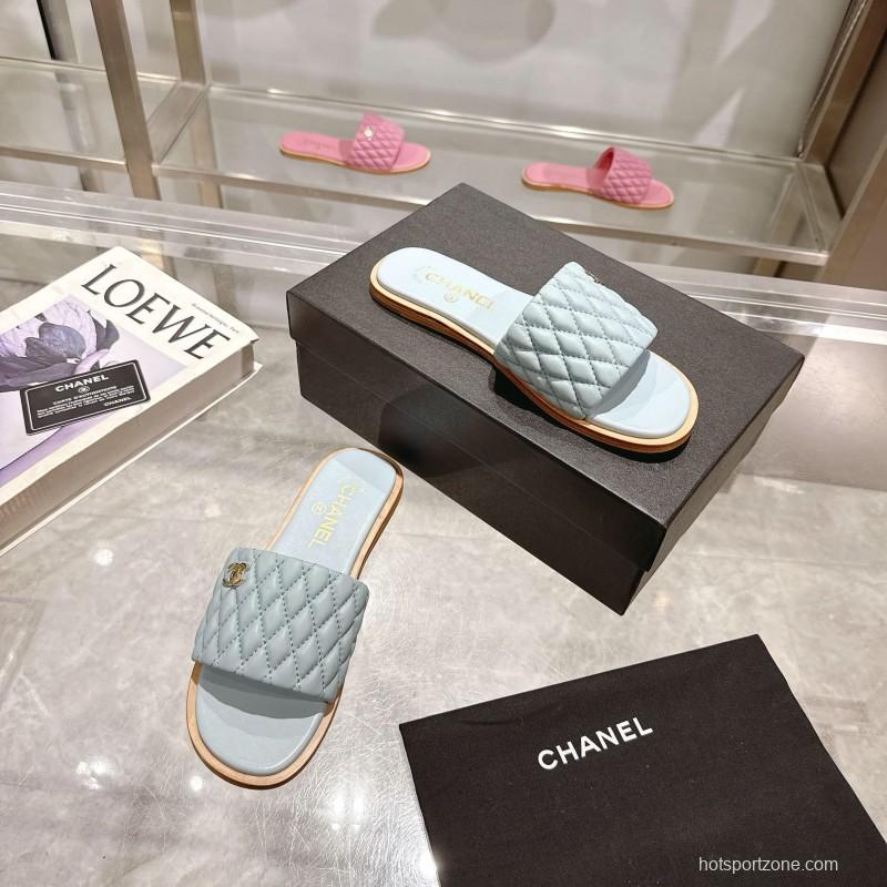 2025 Women Chanel Light Blue Lambskin Slippers