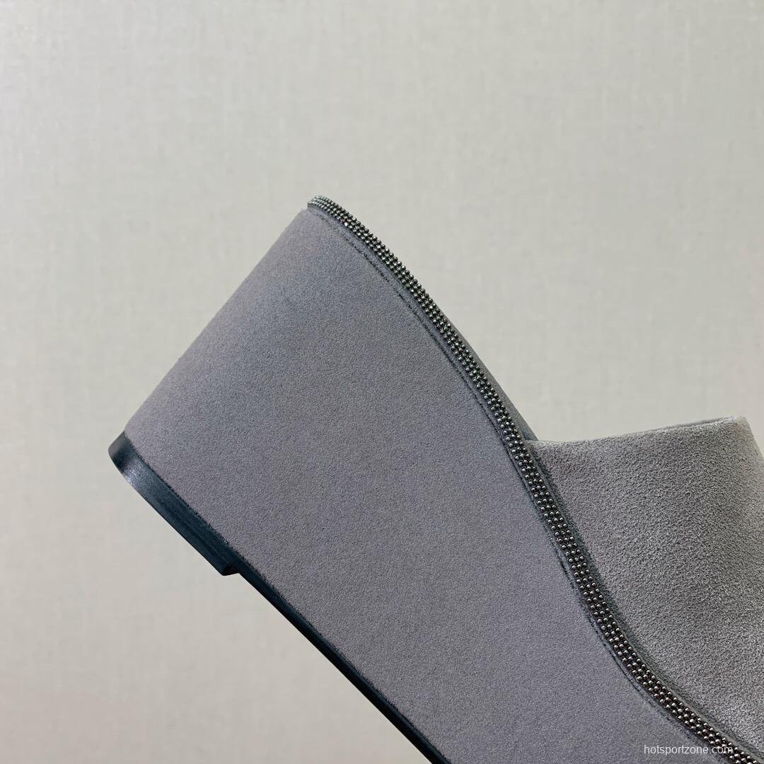 2025 Women BRUNELLO CUCINELLI Grey Suede Platform Slide Sandals Elegant Craftsmanship LY00360(F)
