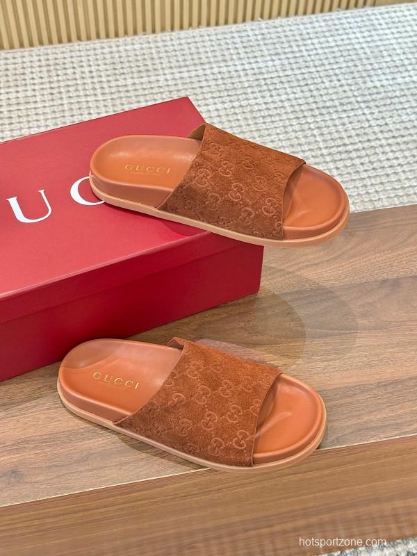 2025 Women Gucci Brown Suede Leather Slippers