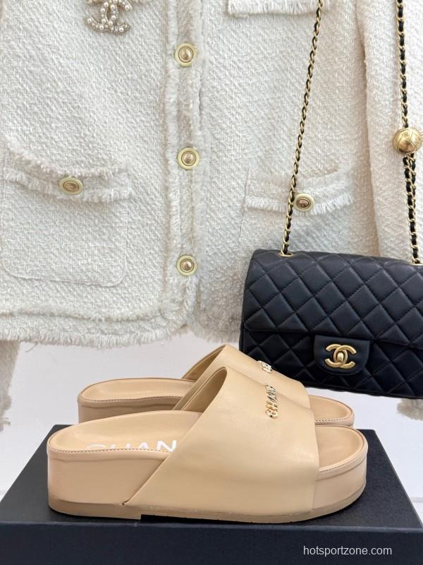 2025 Women Chanel Beige Leather Slippers