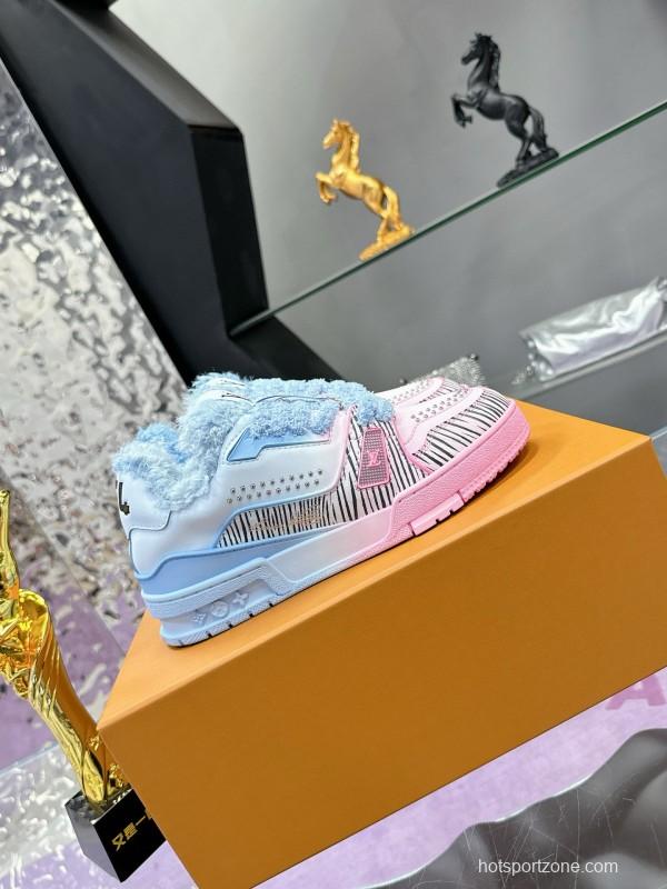 2024 Unisex Louis Vuitton Blue Pink Leather Sneakers