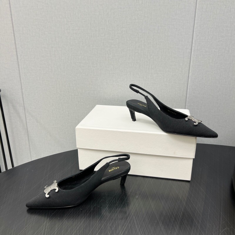 2025 Women Celine Black Fabric Leather Slingback Kitten Heels KFY00290