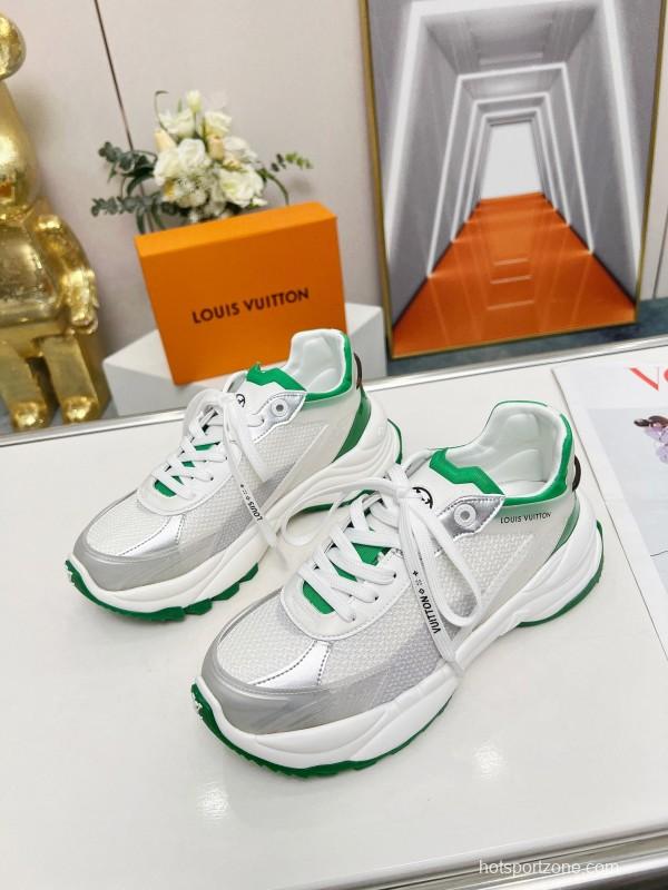 2025 Unisex Louis Vuitton White Green Leather Mesh Rubber Sneakers LY00340