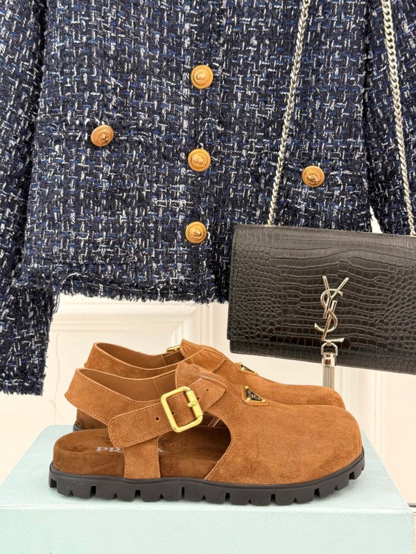 2025 Women Prada Brown Suede Sandals KFY00280