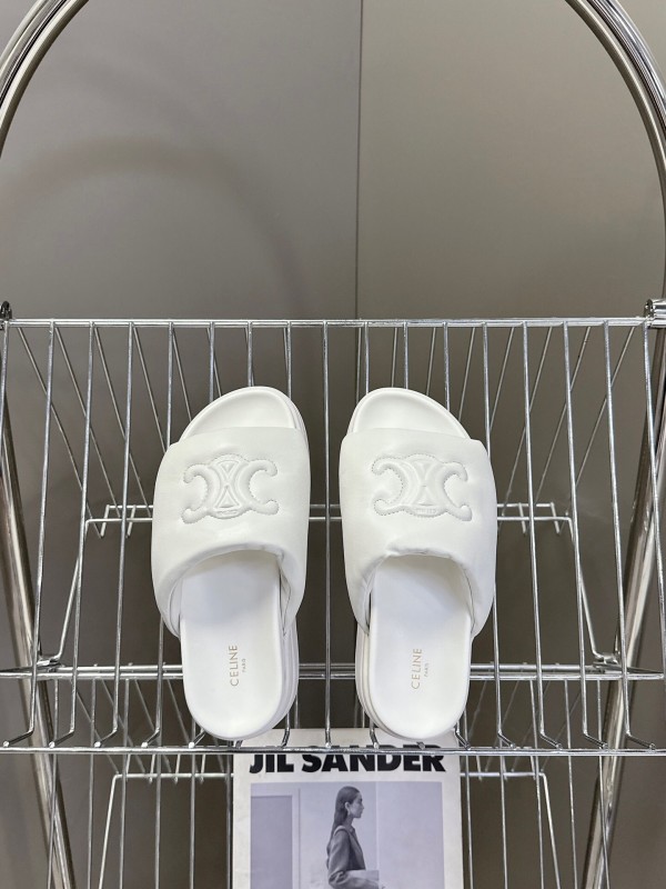 2025 Women Celine White Leather Slippers LY00240