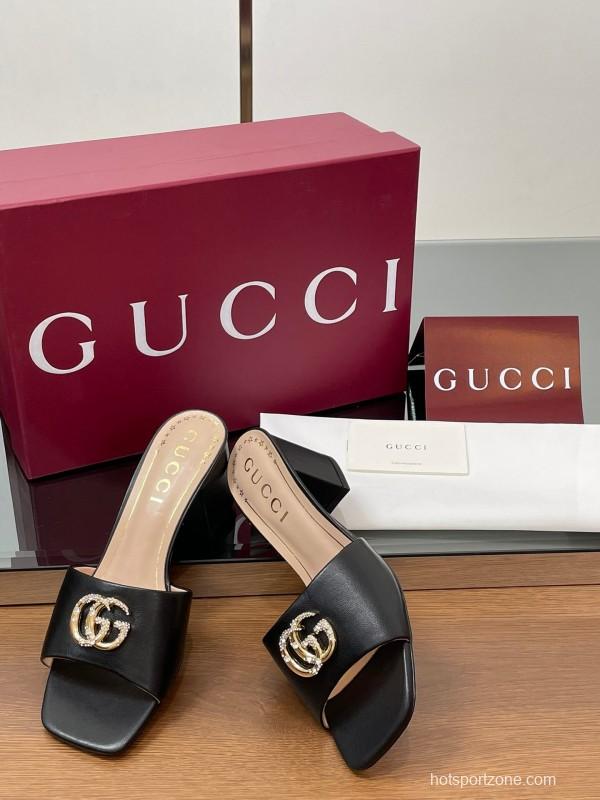 2025 Women Gucci Black Leather Slippers Crystal GG Buckle LY00280
