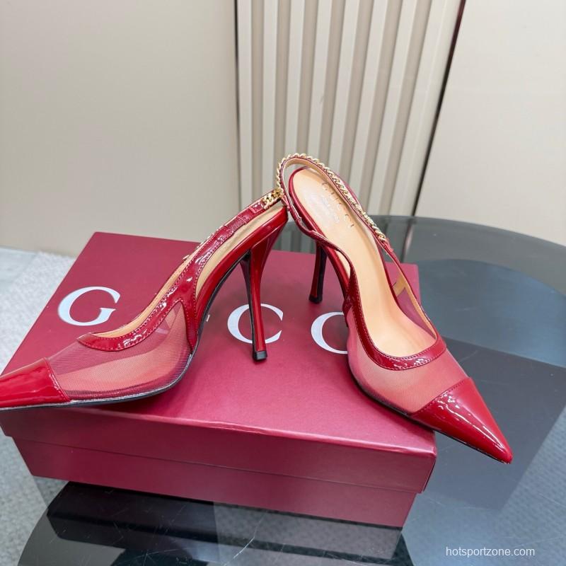 2025 Women Gucci Red Patent Leather Pointed Toe Slingback High Heel Pumps With Chain Detail KFY00300(F)