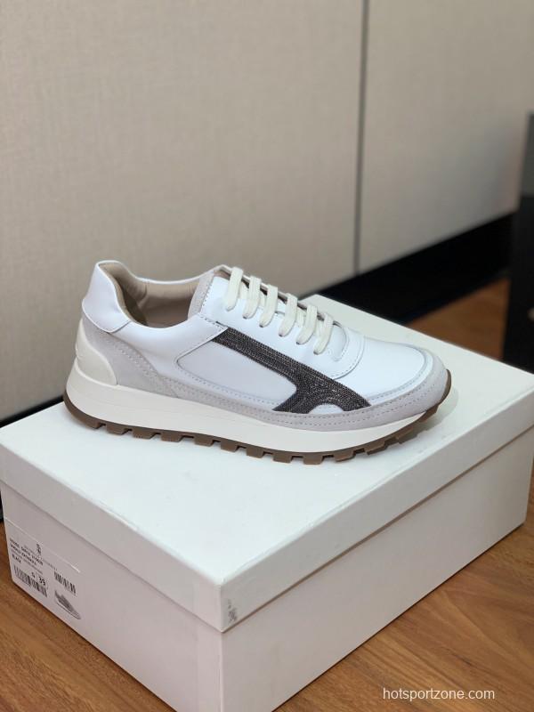 2025 Unisex Brunello Cucinelli White Grey Leather Suede Sneakers LY