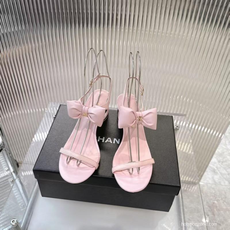 2025 Women Chanel Pink Leather Sandals Bow LY00260