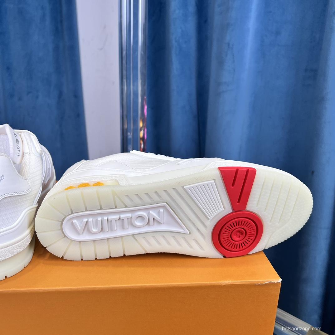 2025 Unisex Louis Vuitton White Calf Leather Mesh Trainer TPU Plimsolls Goodyear Welt