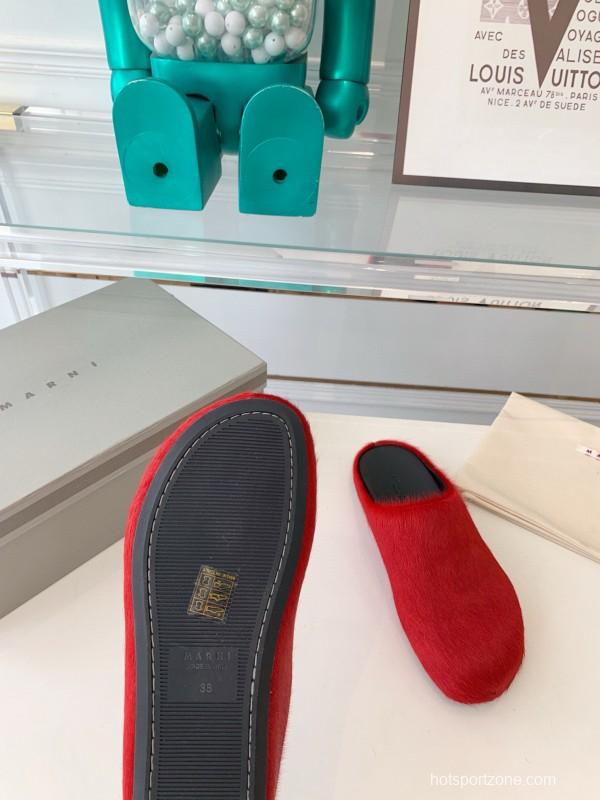 2024 Women Marni Red Pony Hair Mule