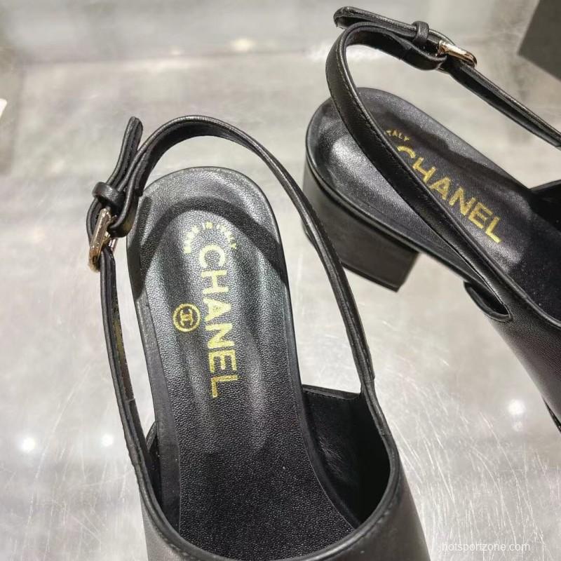 2025 Women Chanel Black Leather Slingback Heels LY00300