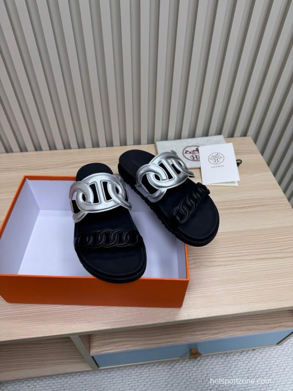 2025 Slippers Hermès Silver Black Leather Chain Decoration