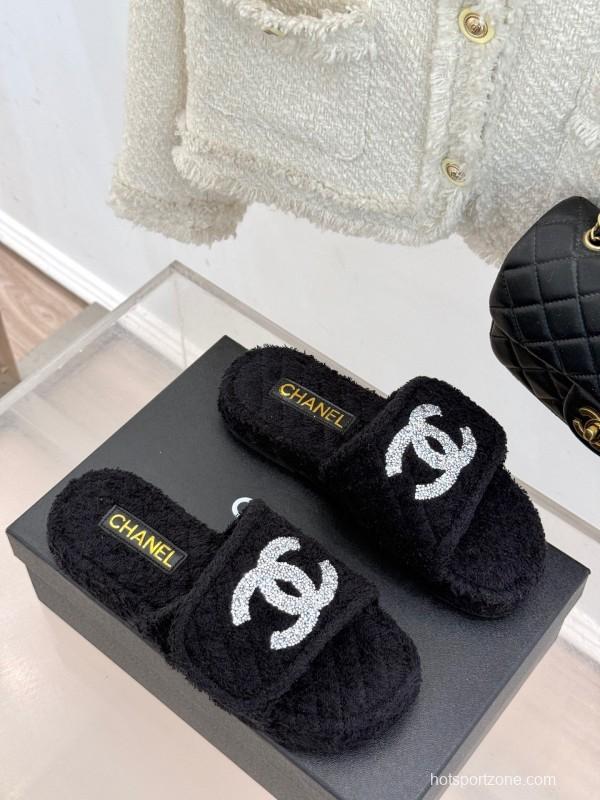 2025 Women Chanel Black Terry Cloth Slippers KFY00220